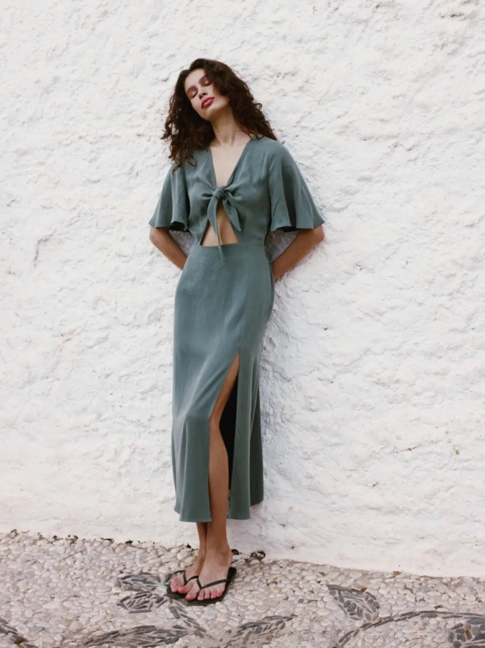Dynamite Sage Green Tie-Front Midi Dress